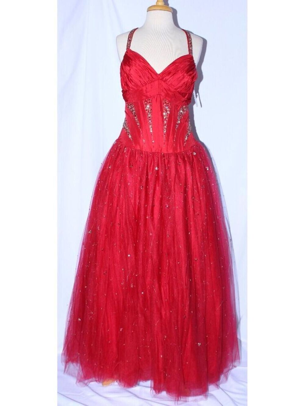 NWOT MayQueen #508 Beaded Taffeta and Tulle Prom Gown With Corset -Size 12-RED